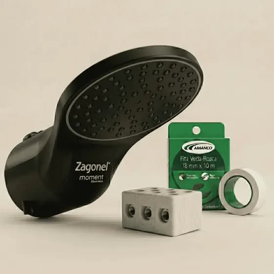Kit Instala Fácil Ducha Eletrônica Zagonel Moment 220V 7500W PT/BR + Conector 50A + Veda Rosca