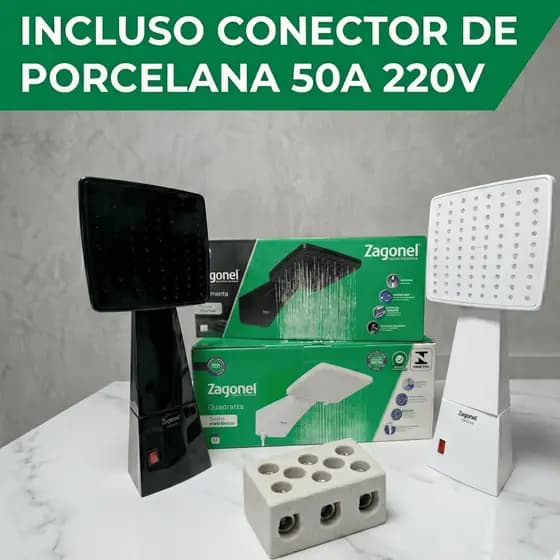 Ducha Eletrônica Quadratta Zagonel Branco e Preto 220V E 127V Instalação Fácil + Conector 50A