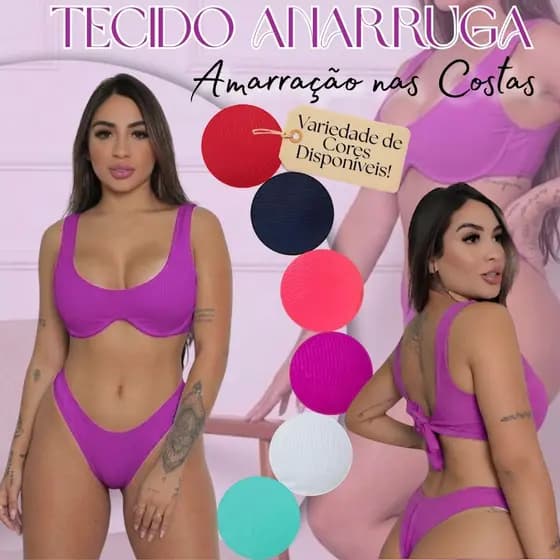 Biquíni Feminino Arame no Busto - Tecido Anarruga Amarração Várias Cores Top Moda