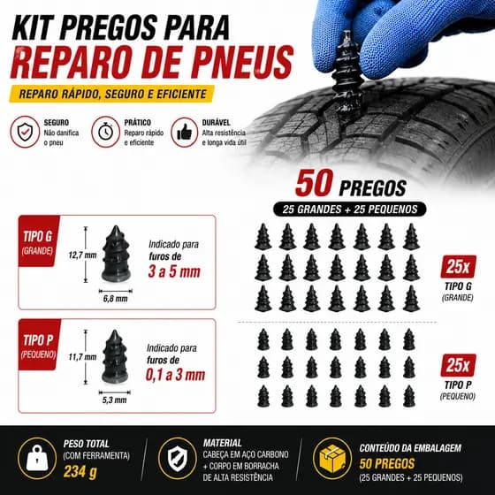 Kit 50 Parafusos Autotravantes p/ Reparo de Pneus - Carro, Moto, Caminhão