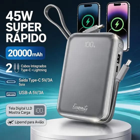 Carregador Portátil iPhone Android 20000mAh Power Bank 45W com Cabos Integrados Compacto Viagem Avião