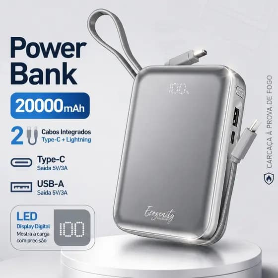 Bateria Portátil 20000mAh Display LED Power Bank Turbo 45W Original Carregador De Celular Portátil Universal