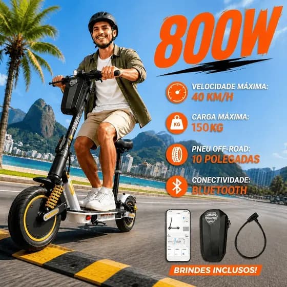 Patinete Elétrico 800W 12.5Ah 40km/h Suporta 150kg Pneus 10" Off-Road Patinete Elétrico Com Amortecedor