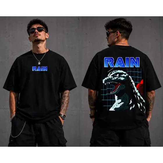 Camiseta Oversized Preta 100% Algodão Suedine Rain Godzilla 8 Bit Streetwear