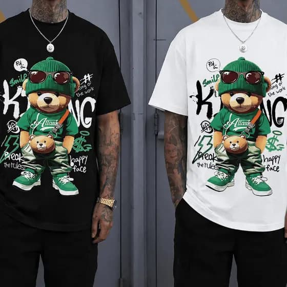 Kit 2 Camisetas Algodão Oversized Urso King Verde Academia Style Premium Unissex