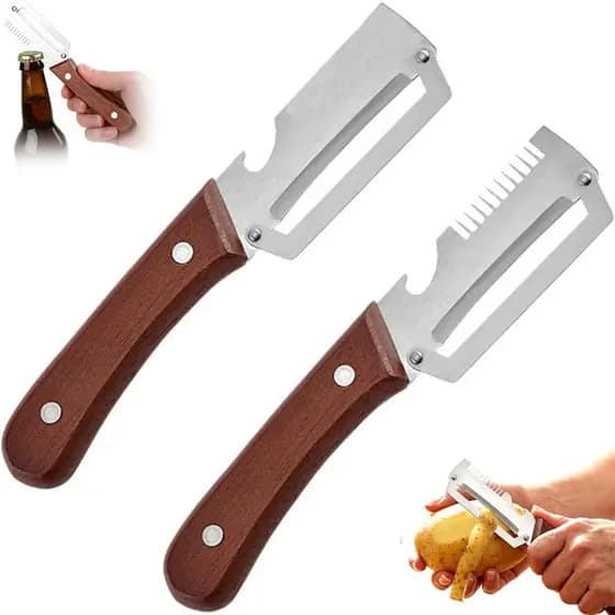 2 Peças NOVAS de Descascador de Legumes com Cabo de Madeira e Abridor de Garrafas, Ferramenta de Cozinha 3 em 1 em Aço I