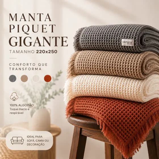 Manta Sofá Piquet Gigante Decorativa 100% Algodão 220x250 cm Premium CavHome