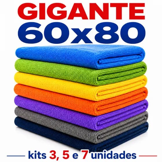 Panos de Microfibra Gigantes 60x80 Kits c/ 3, 5 e 7 Unidades Multiuso Alta Absorção