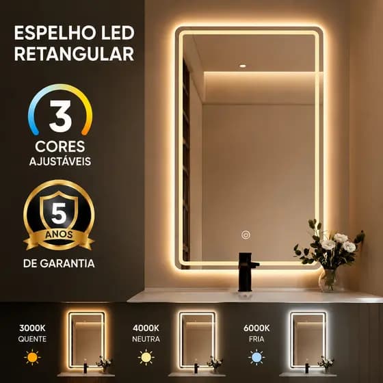 Espelho LED Banheiro Retangular tricolor inteligente, toque sensível Para Sala Banheiro e Maquiagem