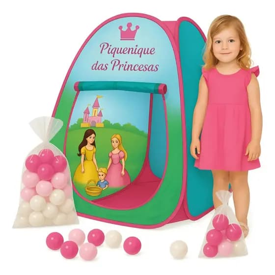 Kit Barraca Cabana Toca Infantil Princesas Menina + 25 Bolinhas Coloridas Piscina de Bolinha