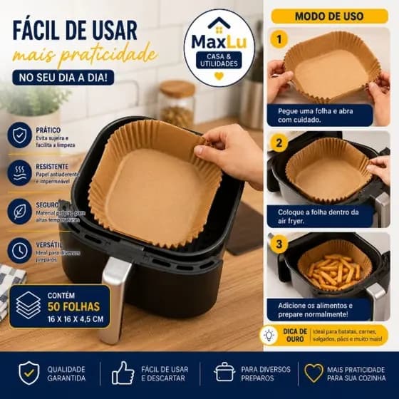 Forma de Papel para Air Fryer 16x16x4,5cm 50 Folhas Antiaderente Descartável