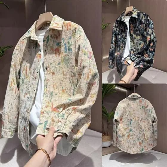 Outono Chenille Jacquard tecido lapela camisa jaqueta masculina na moda All-Match masculino feminino jaqueta#秋季雪尼尔提花编织翻领