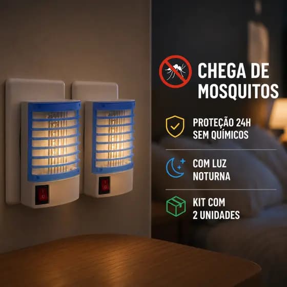 KIT 2 Repelente Luminária Ultrassônico Led Mosquitos Tomada Mata Dengue Insetos Pernilongos