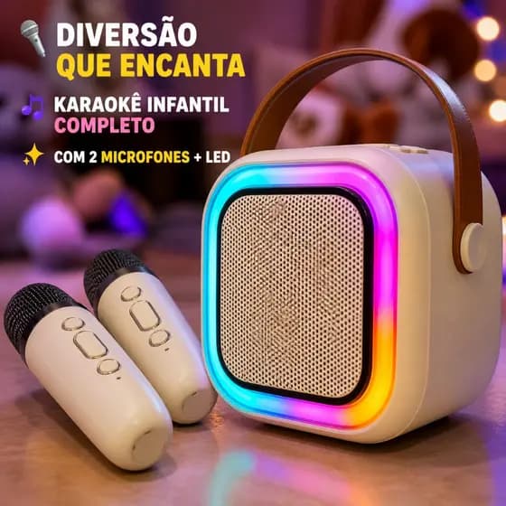 Caixa Som Duplo Karaokê Mini 2 Microfone Alto Falante Bluetooth Infantil Sem Fio Portátil