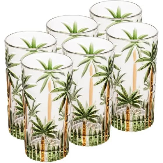 Jogo de Copos e taças Palm Tree Longos de Cristal 6 Peças Palmeira Verde Pintura à Mão 350 ml