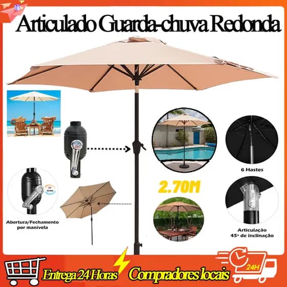 Ombrelone Guarda Sol Central para Jardim 2,7 Metros Articulado Impermeável Uv Piscina Área Externa Sol Praia Piscina