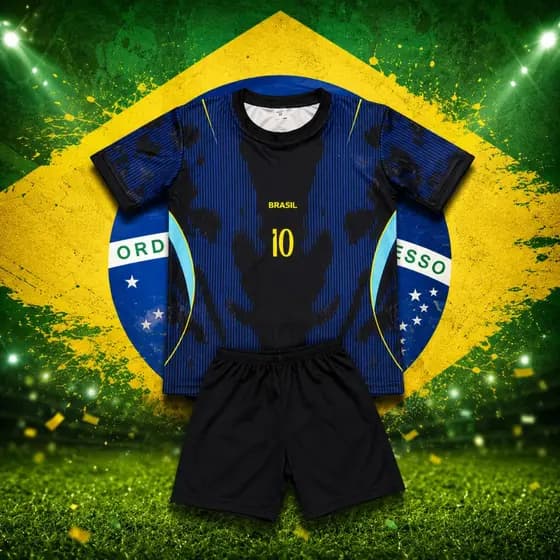 LIQUIDAÇAO Conjunto Infantil Camisa BRA5IL AZUL C/ PRETO Short Masculino Estilo Jogo com Escudo Promoção