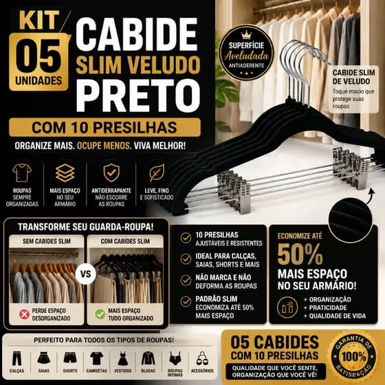 Kit Cabides Veludo Slim Preto Organizador Roupas Economiza Espaco Presilhas