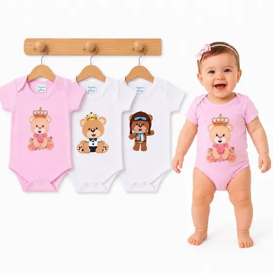 Body Estampado Ursinhos Para Bebê Suedine 100% Algodão Menino Menina RN P M G