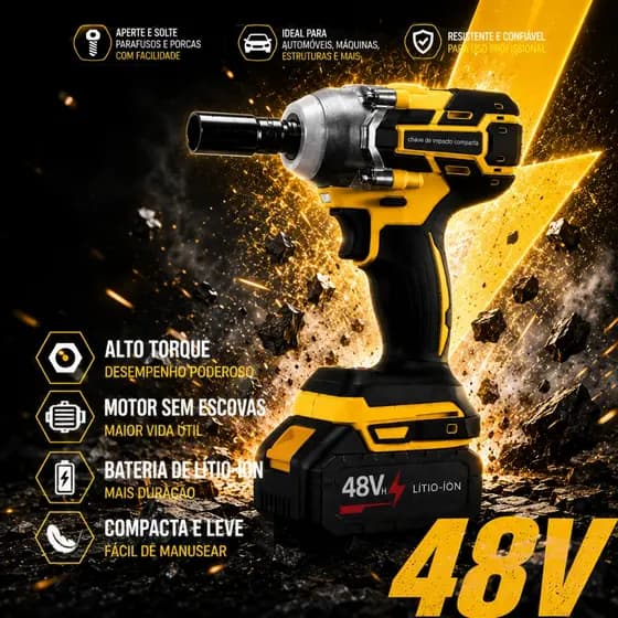 Chave de Impacto Sem Fio 48V Sem Escova | Kit Completo com 2 Baterias e Maleta de Armazenamento