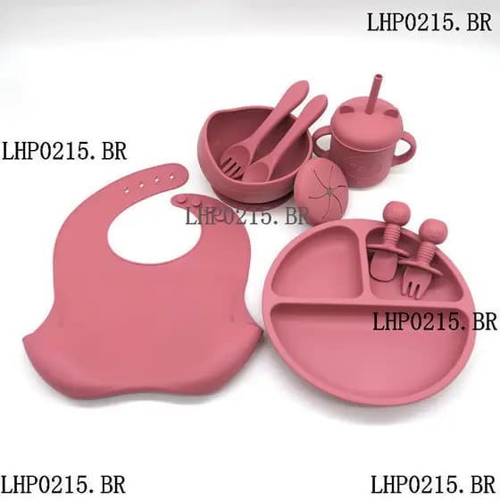 Conjunto de utensílios de mesa de silicone de 9 peças, babador para bebê, prato, tigela, copo de água dois em um, colher