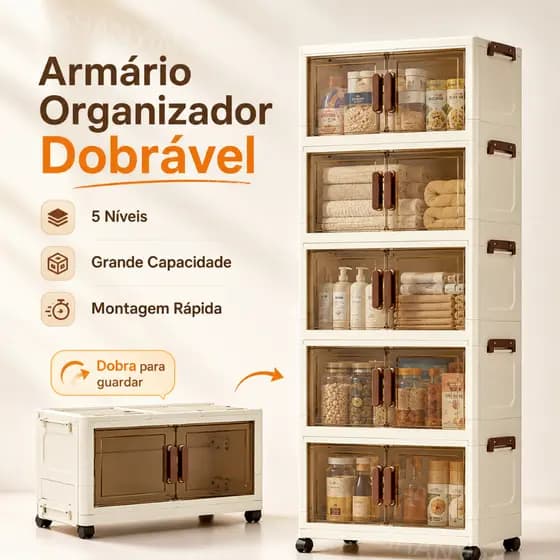 Armário Organizador Multiuso 5 Camadas Dobrável com Portas para Armazenamento de Roupas Brinquedos Cozinha
