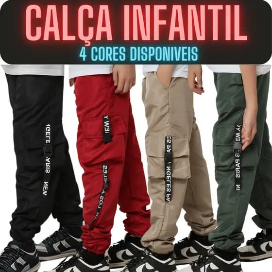 Calça Infantil Tactel Menino Juvenil Preto Verde Vermelho Bege Masculino Moda Blogueiro Gringa Escol