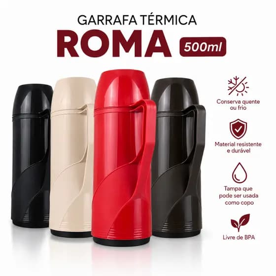 Garrafa Térmica Café Roma 500ml Café Chá Água com Alça e Copo Unitermi 0,5 Litros Tereré