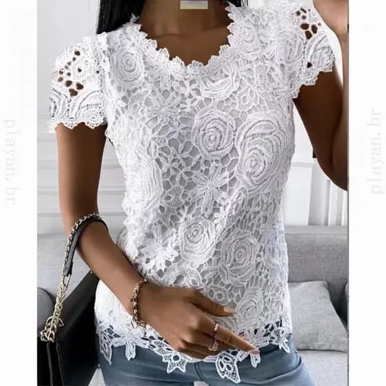 Camisa Elegante de Verão em Renda, Manga Curta, Casual, Gola Redonda, Branca, Tamanho Grande ZCAY