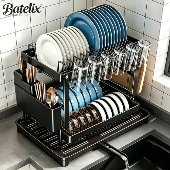 Escorredor de Louças Preto em Aço Carbono - Organizador de Cozinha, Rack para Pratos e Copos, Dreno e Secagem