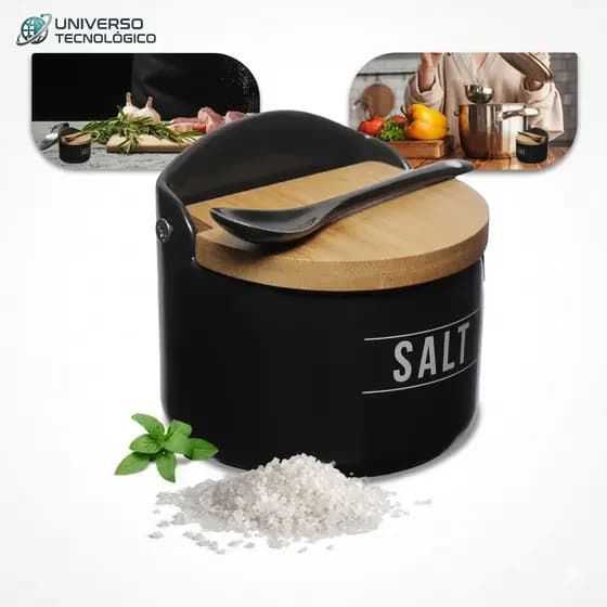 Saleiro de Cozinha Manhattan de Porcelana 290ml Preto com Tampa Bambu e Colher GOURMET