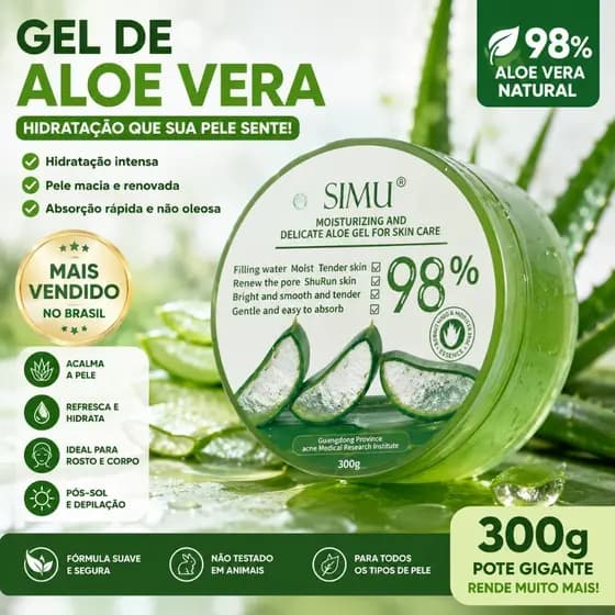 Novo Gel de Aloe Vera e Babosa 98% - Hidratante & Iluminador Facial e Corporal, Cuidados com Pele Oleosa Brilhante 300g