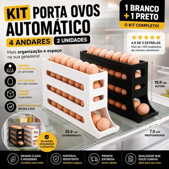 Kit Porta Ovos Automático 4 Andares Organizador de Geladeira Rolante Dispenser Suporte em Plástico Até 30 Ovos Durável