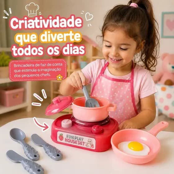 Kit Cozinha Infantil 7 Peças Brinquedo Panelinhas Fogão Faz de Conta Menina Educativo