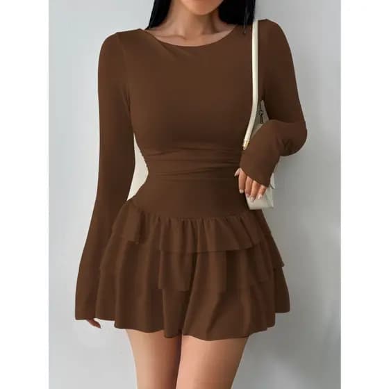 Estilo europeu americano outono inverno novo estilo senhoras vestido cor sólida manga comprida magro-ajuste mais magro o