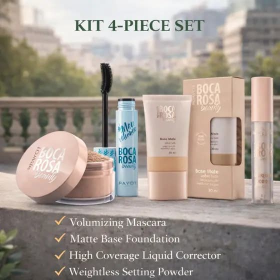 Kit Maquiagem Boca Rosa 4 Itens – Base Líquida, Corretivo, Pó Solto e Máscara de Cílios