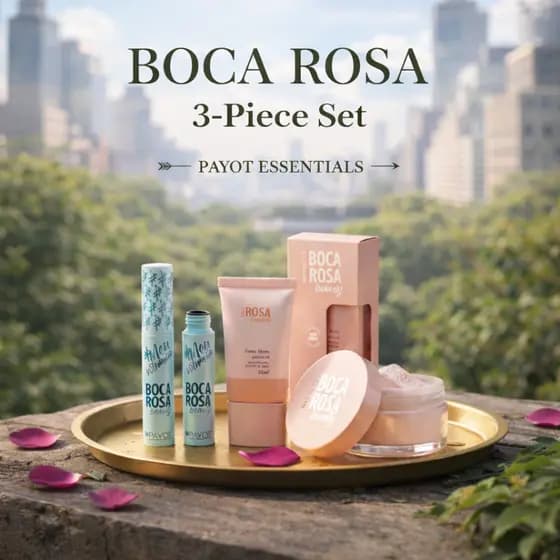 Kit 3 Peças Maquiagem Boca Rosa Beauty Payot – Base, Máscara de Cílios e Pó Facial