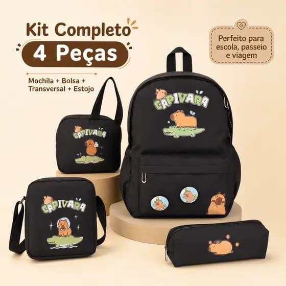 Kit 4 Mochila Escolar Infantil Menina e Menino Bolsa Lancheira Estojo Estampas PU Capivara