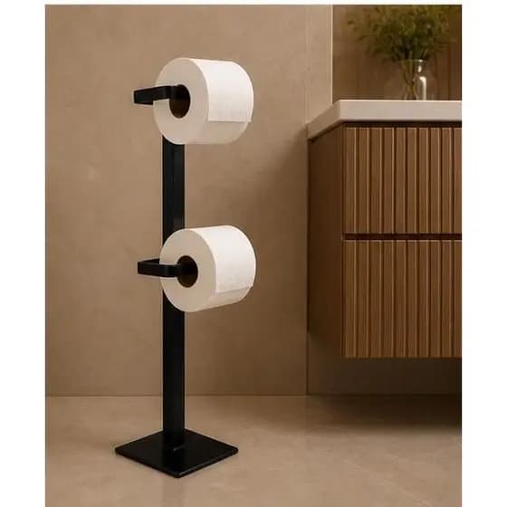 Suporte Papel Higiênico Chão Minimalista Preto Fosco Premium Elegante Duplo Organizador Vertical