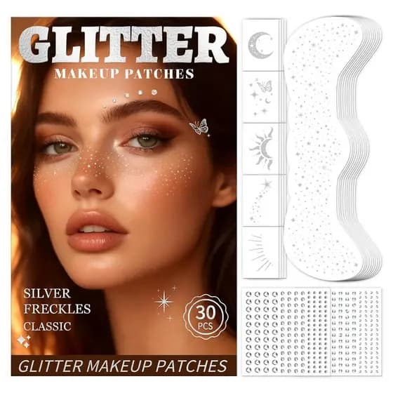 Conjunto de 30 Tatuagens Temporárias com Glitter e Pedras Decorativas para o Rosto, Tatuagens Temporárias Clássicas com