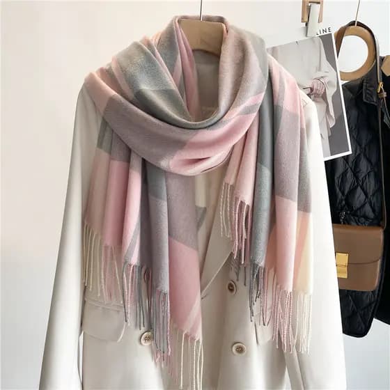 Cachecol de Viagem Feminino Quente de Caxemira, Xale Grosso de Pashmina Xadrez da Moda com Borlas, Casual MLW6