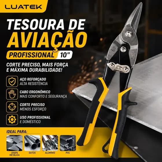 Tesoura de Aviação 10 Pol Luatek Profissional Corta Chapa Aço Alumínio PVC Ferramenta Reforçada