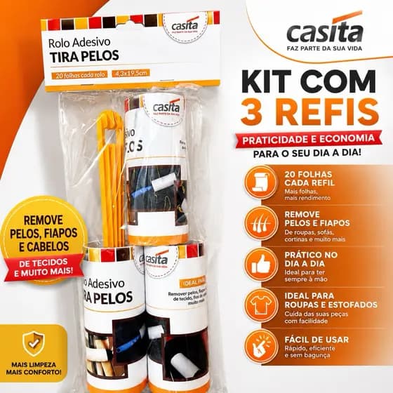 Rolo Tira Pelos Adesivo Casita Kit 3 Refis Removedor de Pelos Roupas Sofá Estofados Pet Original