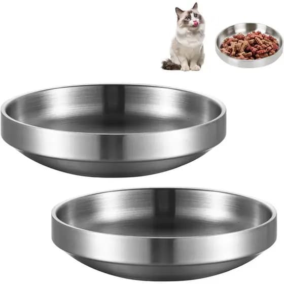 2 tigelas planas de aço inoxidável para gatos, Material de Metal 304, usadas para água, à prova de choque, fáceis de lim
