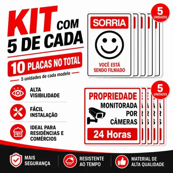 kit até 10 Placas de Sinalização de Monitoramento - Sorria voce esta sendo filmado e propriedade monitorada