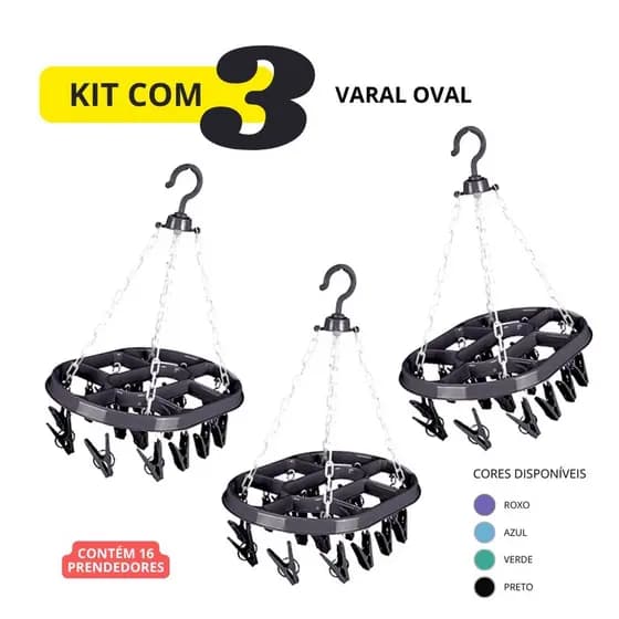 Kit Com 3 Varal Oval Com 16 prendedores Suspenso Portátil Reforçado Roupas Íntimas Multiuso