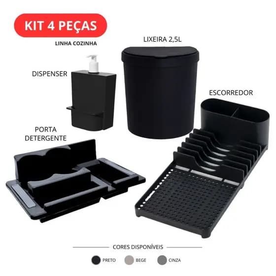 Kit Organizador de Pia 4 Peças Completo Lixeira 2,5L Dispenser Escorredor e Porta Detergente Cozinha