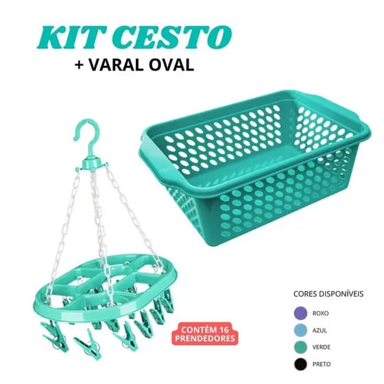 Kit Varal Oval com 16 Prendedores e Cesto Organizador Multiuso Lavanderia Compacto