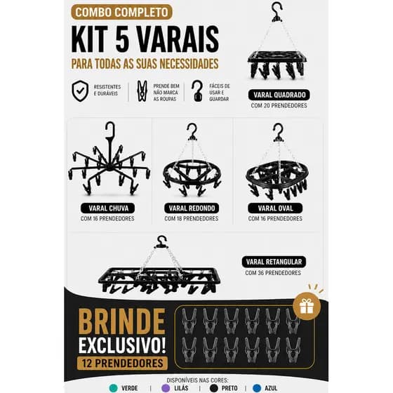 Kit 5 Varais Portáteis Multiuso Para Roupas Toalhas Calcinhas Casa Lavanderia Compacto