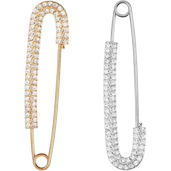 2 Peças de Alfinetes de Segurança com Strass, Alfinetes de Broche Dourados e Prateados para Roupas, Broche de Cristal El